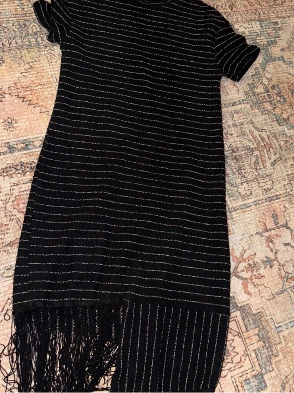 Zara Black Short Sleeve Fringe Knit Dress with Silver Threading